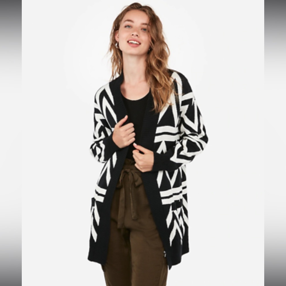 Express Black and White Geometric Oversized Cardigan Duster Sweater